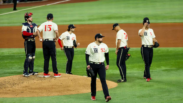 Sep 8, 2023; Arlington, Texas, USA; Texas Rangers starting pitcher Jordan Montgomery (52) is removed from the game during the sixth inning against the Oakland Athletics at Globe Life Field. Mandatory Credit: Kevin Jairaj-USA TODAY Sports